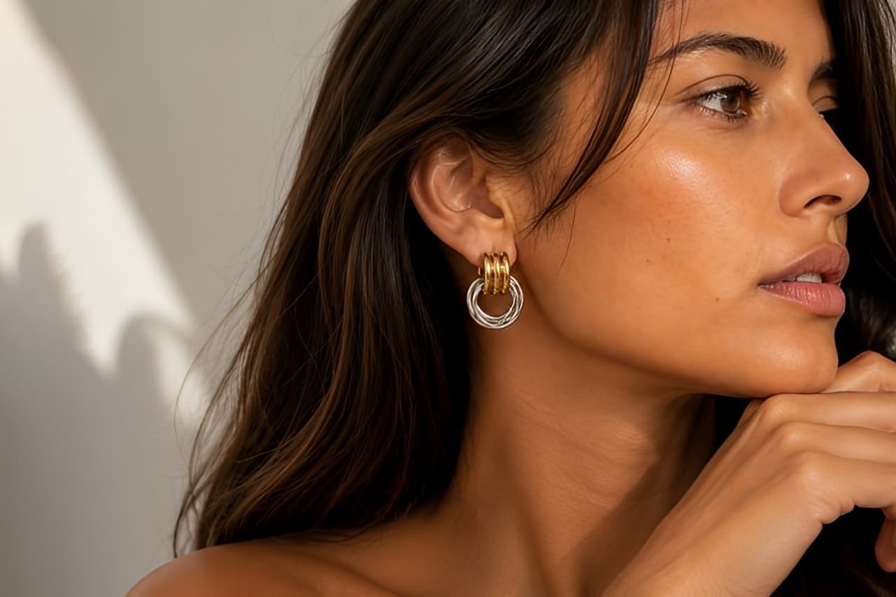 boucles d'oreille bicolore en acier inxydable portée sur une femme