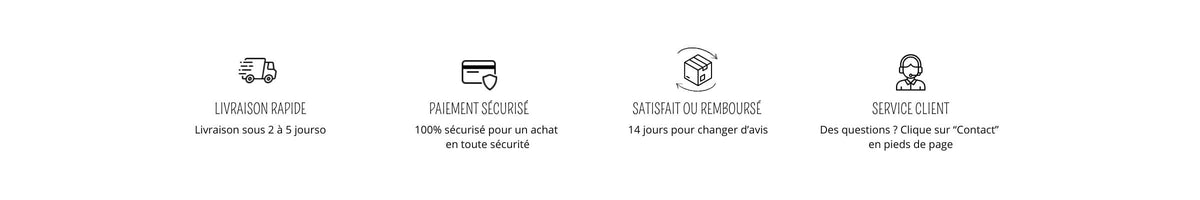 barre de réassurances livraison rapide, paiement sécurisé, satisfait ou remboursé et service client