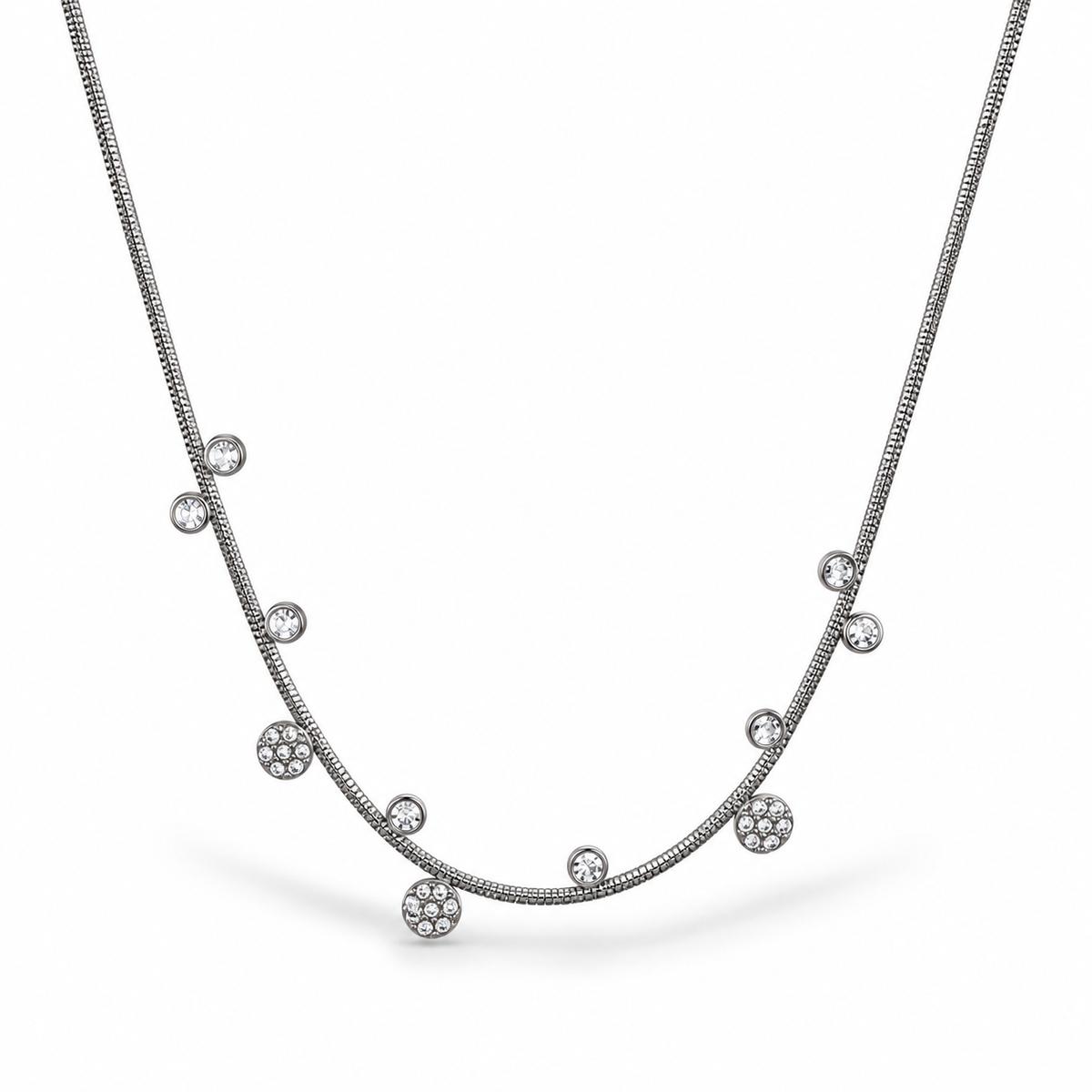 Collier ras de cou en acier inoxydable fin, argenté avec de petits pendentifs alternés 