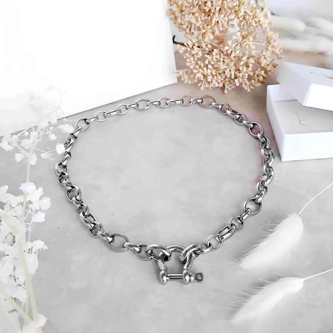 collier grosse maille en acier inoxydable fermoir Manille argenté 