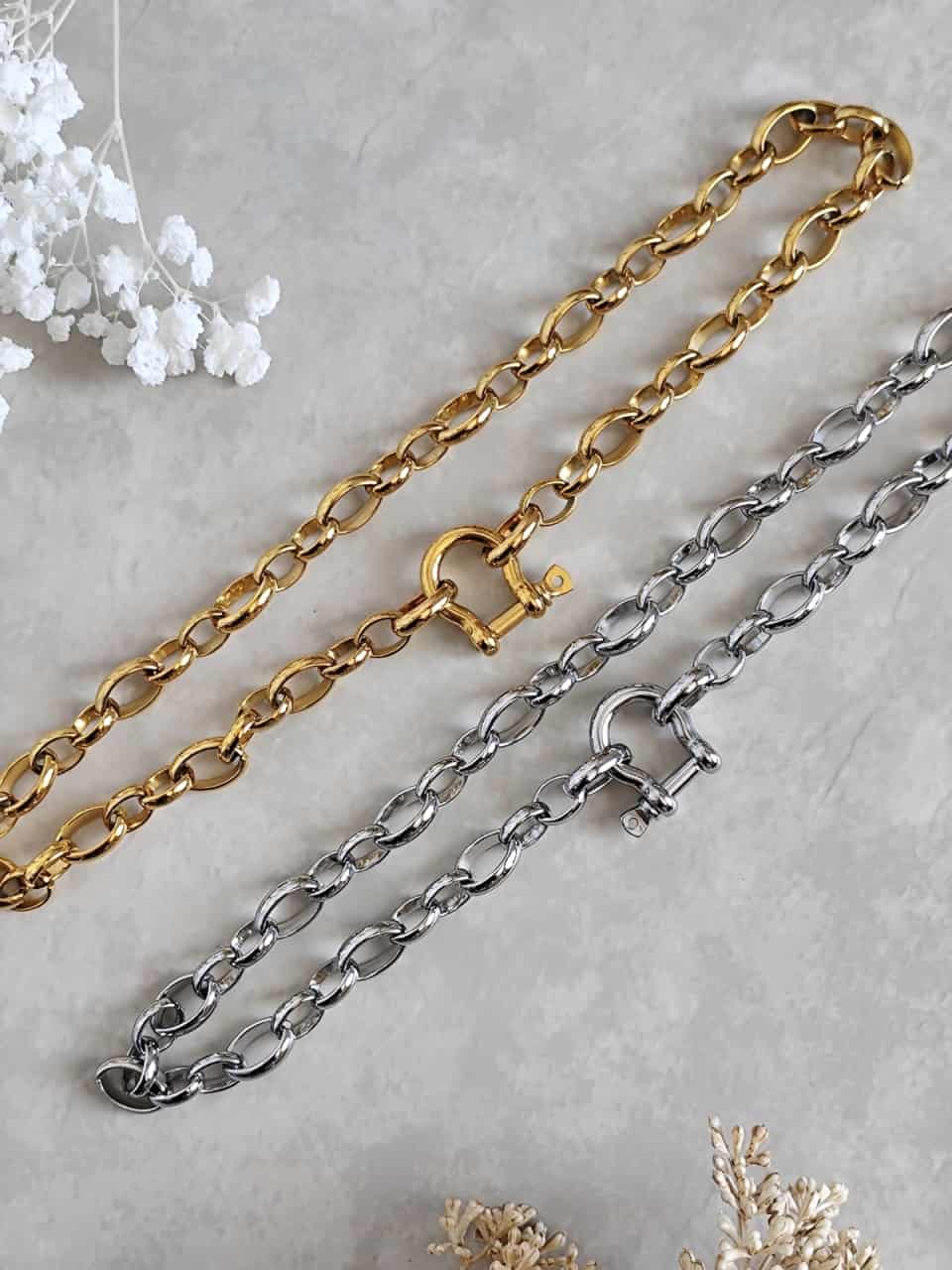  colliers grosse maille en acier inoxydable fermoir Manille doré ou argenté