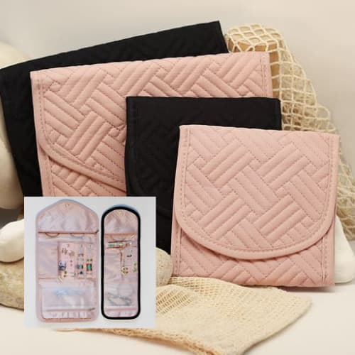 Pochettes en tissu de voyage pliable pour bijoux avec organisateur et compartiments de rangement, de couleur vieux rose ou noir en 2 tailles différentes