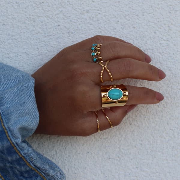 Bague dorée avec 2 rangs en petites boules serties de pierres Turquoise