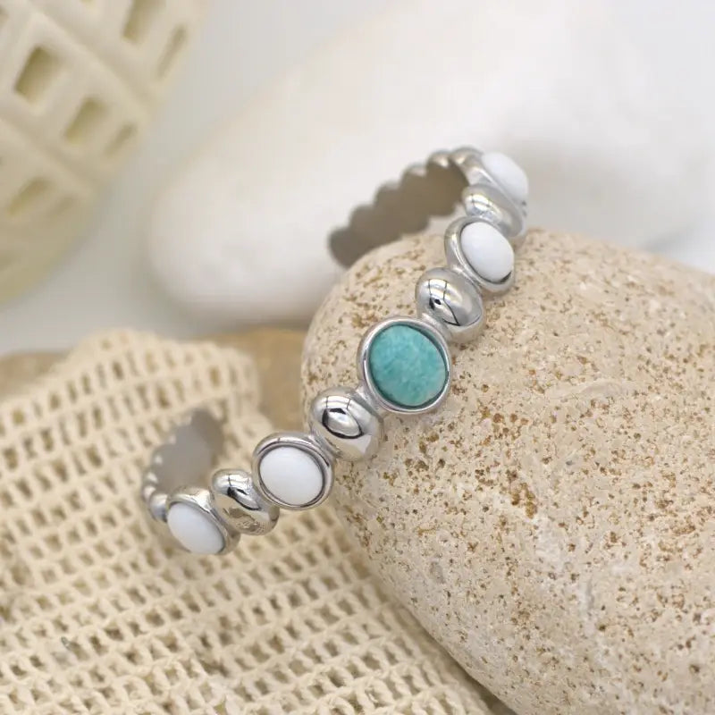 Bracelet jonc en acier serti de Pierres Blanches et vertes