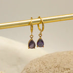 Petites boucles dorées en acier inoxydable avec pendentif goutte d'eau en Zircon colorés violet
