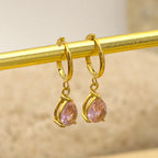 Petites boucles dorées en acier inoxydable avec pendentif goutte d'eau en Zircon colorés rose 