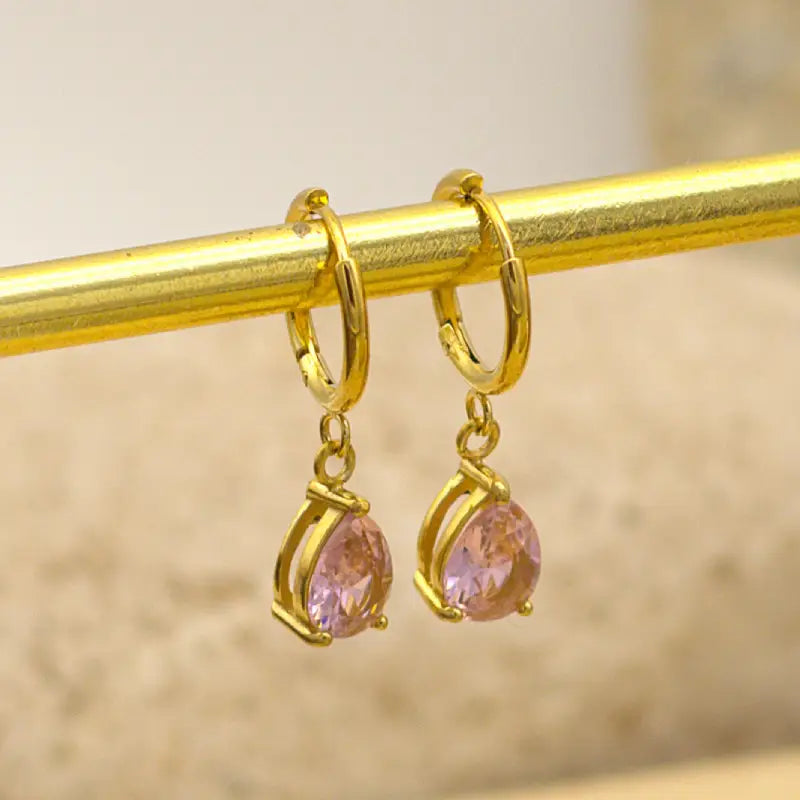 Petites boucles dorées en acier inoxydable avec pendentif goutte d'eau en Zircon colorés rose 