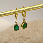 Petites boucles dorées en acier inoxydable avec pendentif goutte d'eau en Zircon colorés vert 