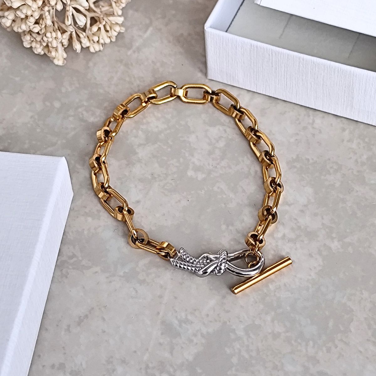 Bracelets maille en acier doré au style Bohème avec un noeud de couleur argenté