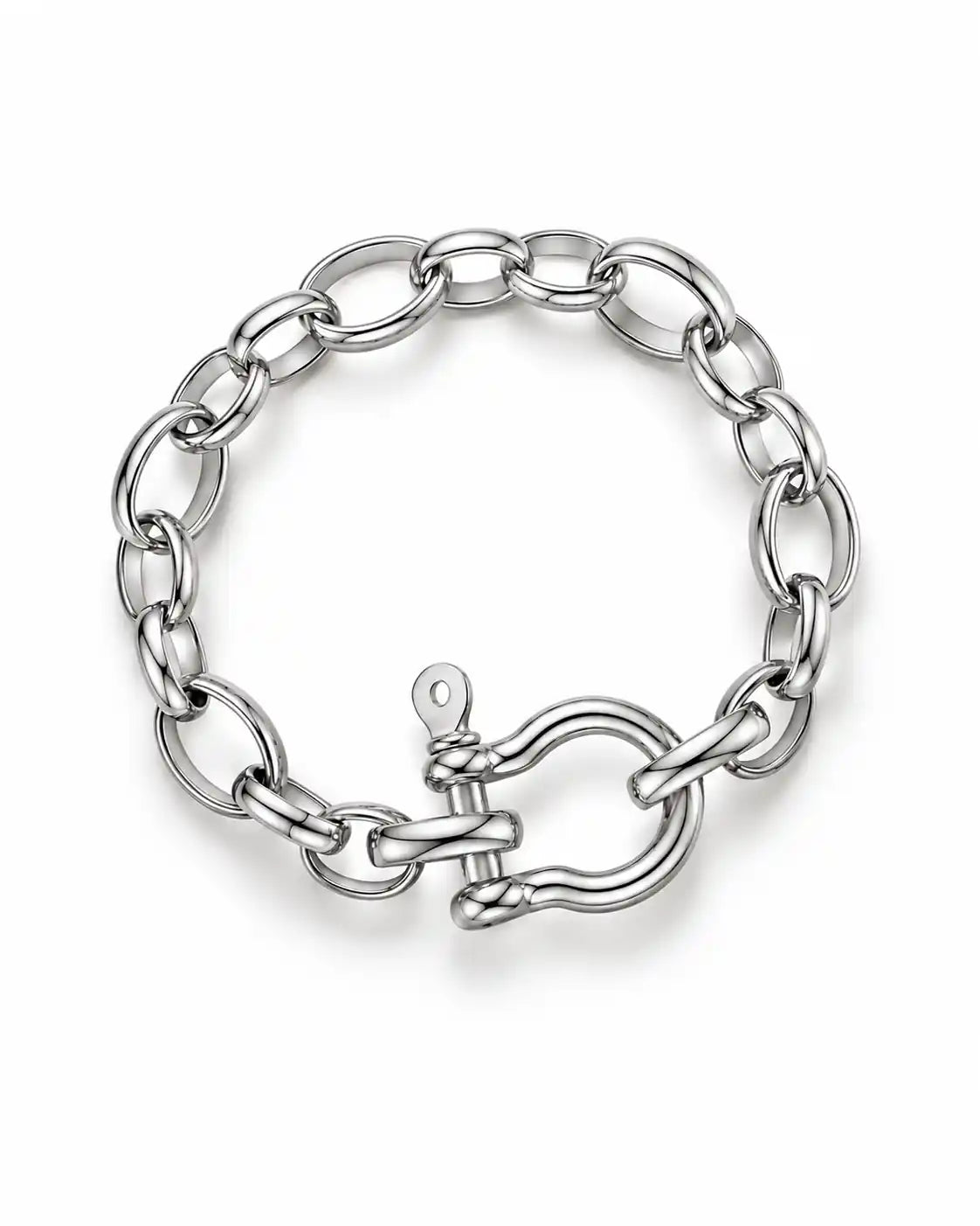Bracelet femme en acier inoxydable argenté à gros maillons de type forçat avec fermoir manille.