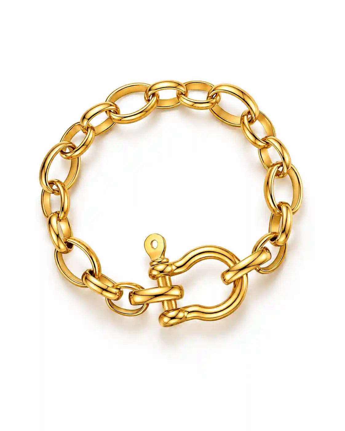 Bracelet femme en acier inoxydable doré à gros maillons de type forçat avec fermoir manille.