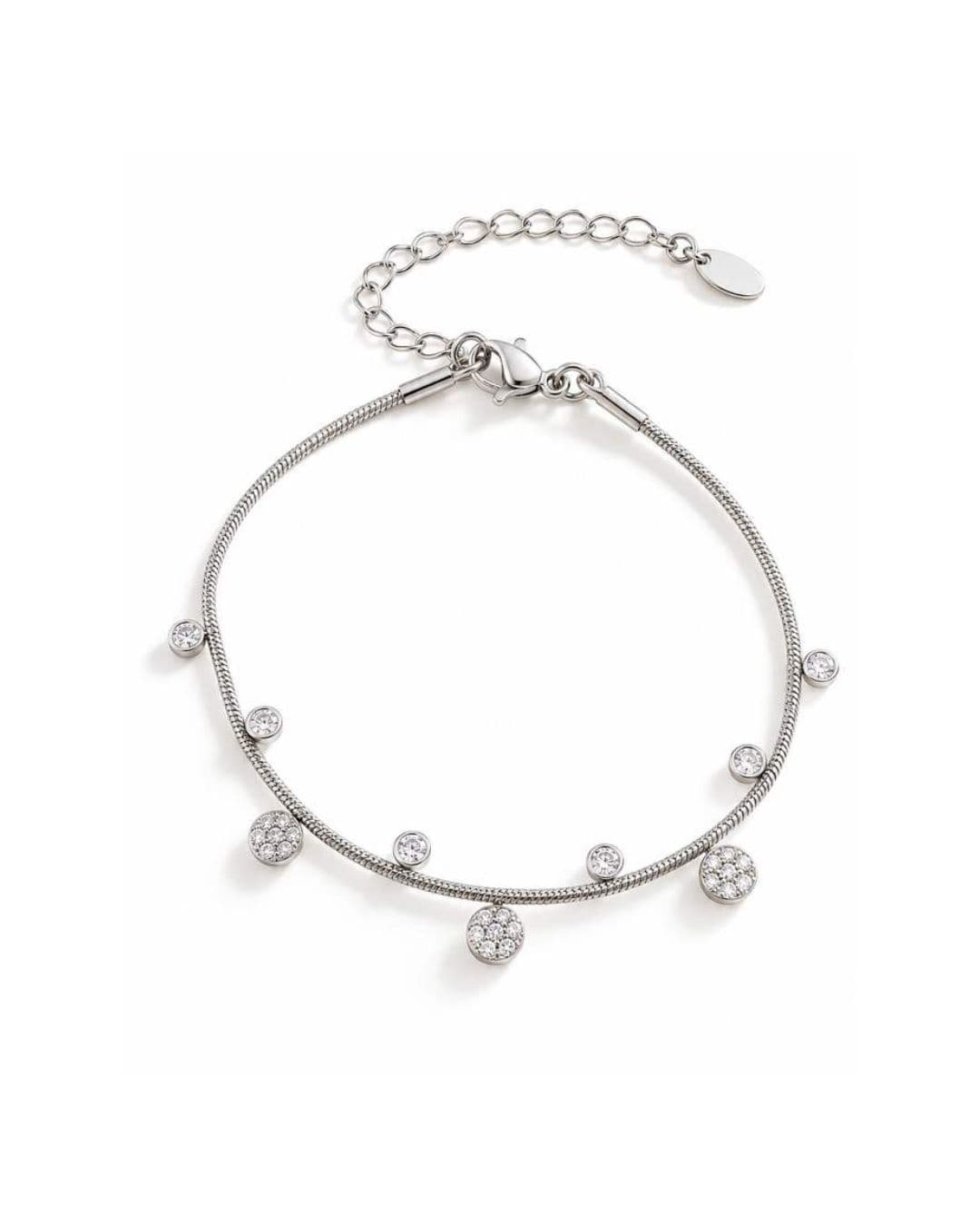 Bracelet en acier inoxydable fin, argentéavec de petits pendentifs en zircons et forme de fleur