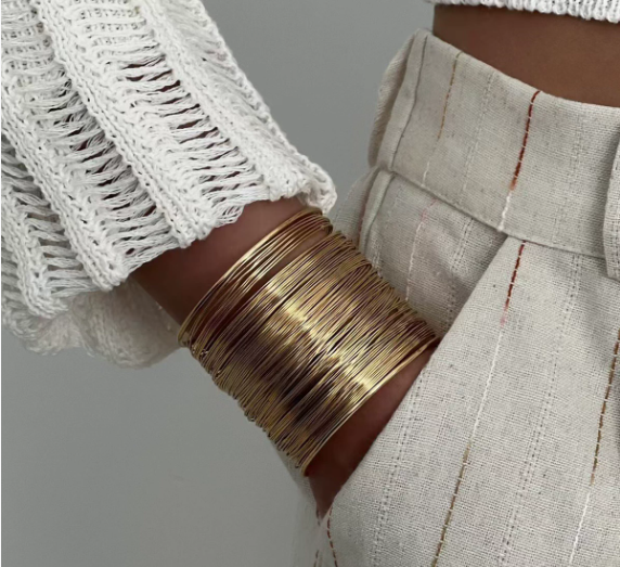 bracelet manchette en acier inoxydabe style ethnique en couche de fils métalliques superposés