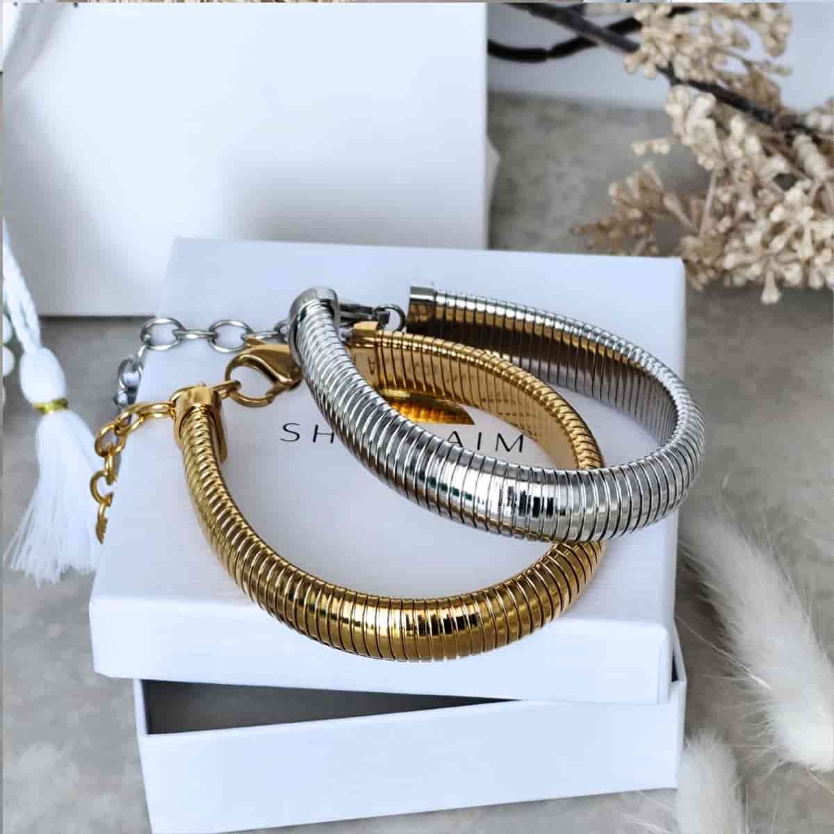 Bracelets en acier inoxydable 316L à maille serpent striées avec barre pivotante texturée doré ou argenté