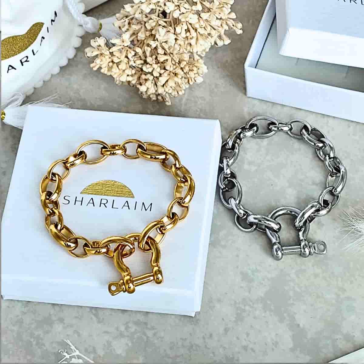 Bracelets grosse maille en acier inoxydable argentés  ou dorés à fermoir manille