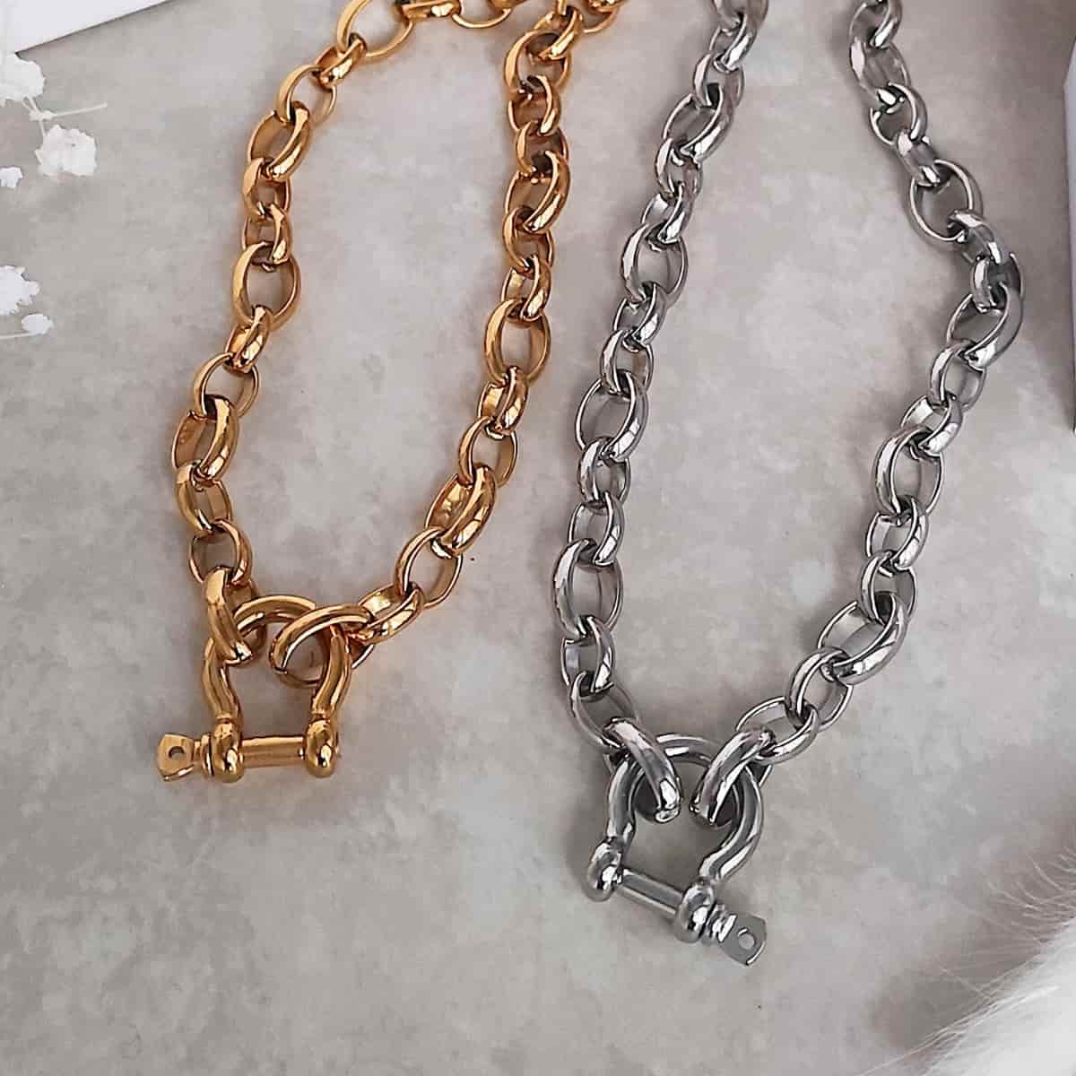  colliers grosse maille en acier inoxydable fermoir Manille doré ou argenté