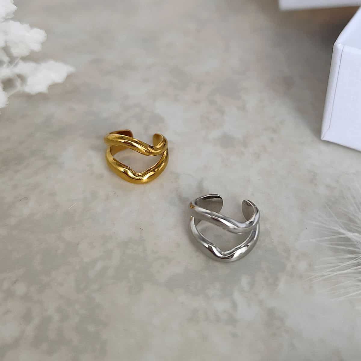 Earcuffs fine à deux anneaux ondulés doré et argenté