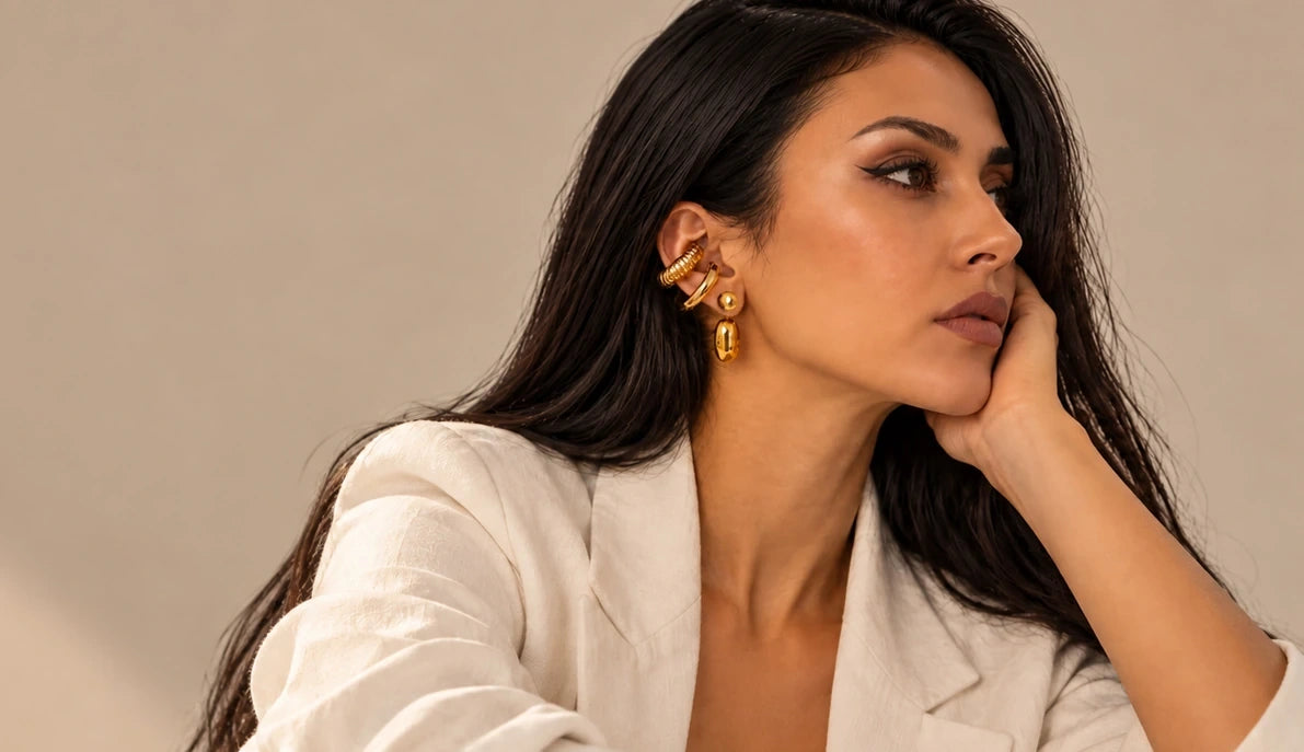 Bijoux Sharlaim disposés sur une surface beige