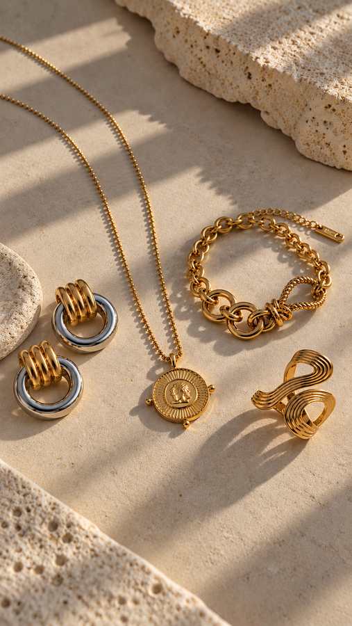 Bijoux Sharlaim disposés sur une surface beige